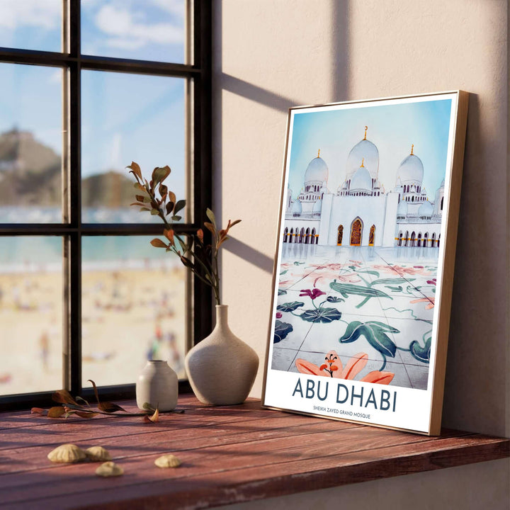 Soft sky blue and coral peach travel wall art print of Sheikh Zayed Grand Mosque in the United Arab Emirates featuring fine watercolor washes. Designed by MapYourDreams, this artwork is available in flexible options including unframed paper, custom wooden frames, and gallery canvas wraps for home wall art.