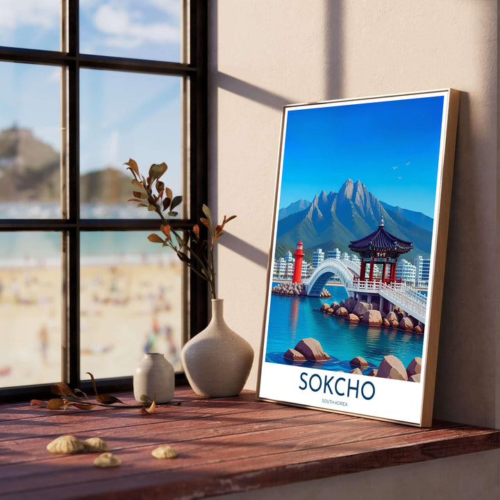 Scenic seaside travel wall art showcasing Yeonggeumjeong Pavilion perched over rocky shores in Sokcho South Korea, created by MapYourDreams across options like archival unframed prints, solid frames, and canvas wraps that bring refreshing Asian coastal charm to any gallery wall.