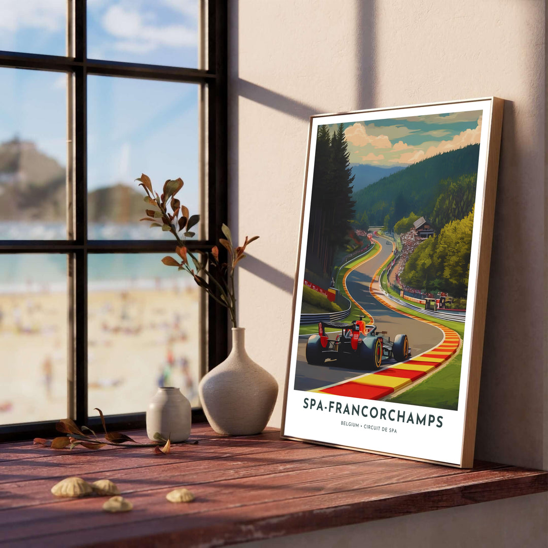 Bold racing car climbing the hill at Circuit de Spa-Francorchamps in Belgium, surrounded by spectator grandstands and dense pine forest. This travel poster is offered by MapYourDreams, this artwork is available in flexible options including unframed paper, custom wooden frames, and gallery canvas wraps.