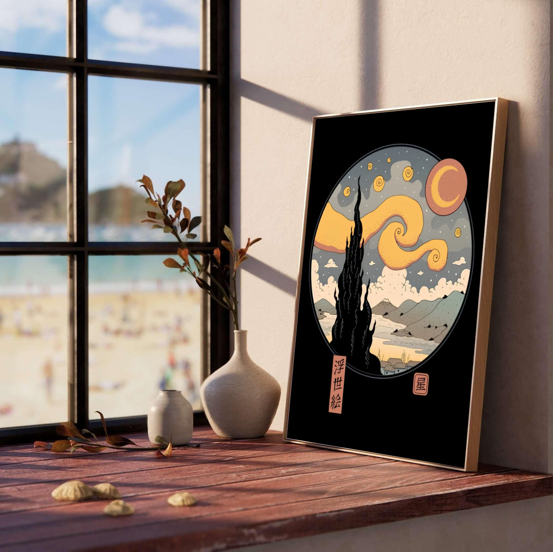 Asian aesthetic poster print of Vincent van Gogh Starry Night Ukiyo E 1889 set against Saint-Rémy-de-Provence landscape with Mount Fuji. MapYourDreams offers premium framed prints, unframed options, and stretched canvas wall decor that bring serene 1889 artwork into modern living rooms.
