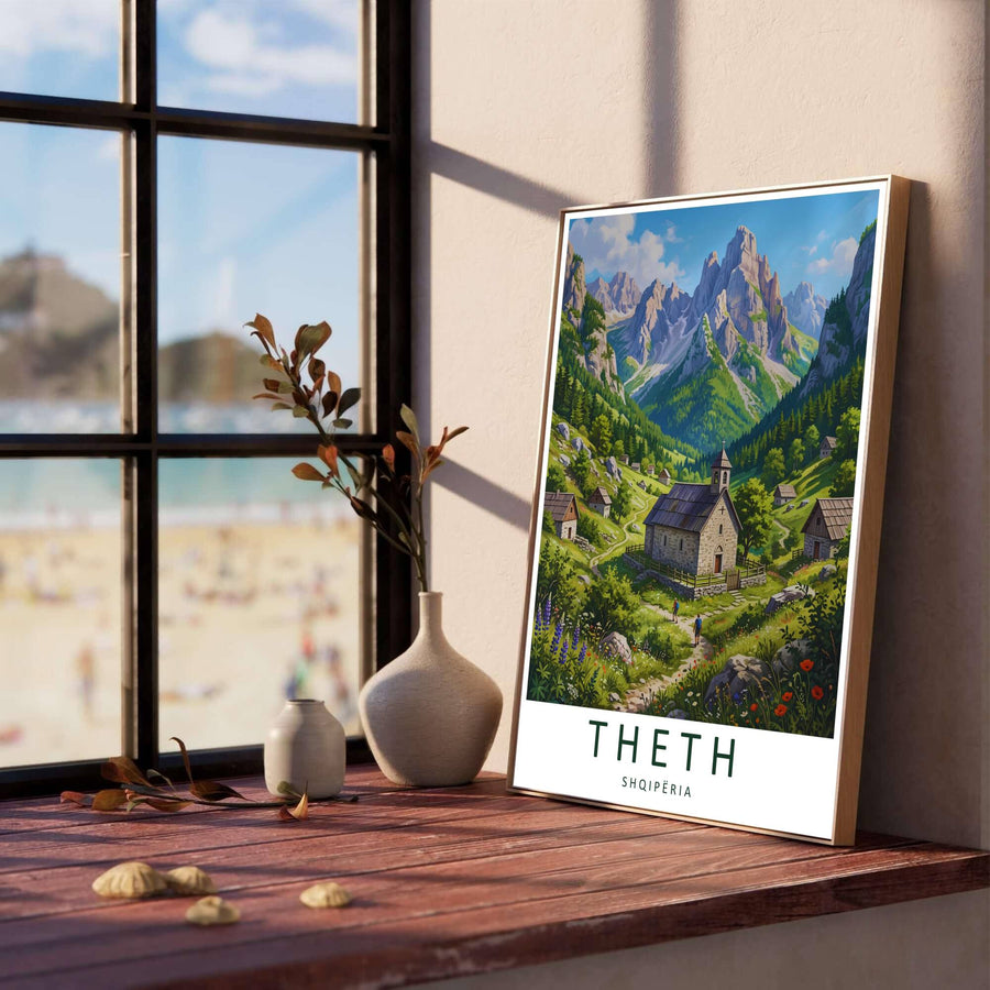 Vibrant red poppies and purple lupines line a winding dirt path leading toward the historic stone chapel of Theth, creating a classic European travel poster. Offered in versatile formats including unframed art paper, custom wood framing, and stretched canvas wraps to elevate your space.