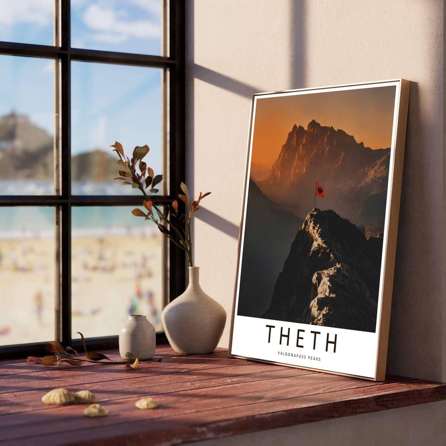 Radiant amber sunrise light illuminates the jagged mountain crests of the Albanian Alps, creating a classic European adventure travel poster for modern living rooms. Offered in versatile formats including unframed art paper, custom wood framing, and stretched canvas wraps to elevate your space.
