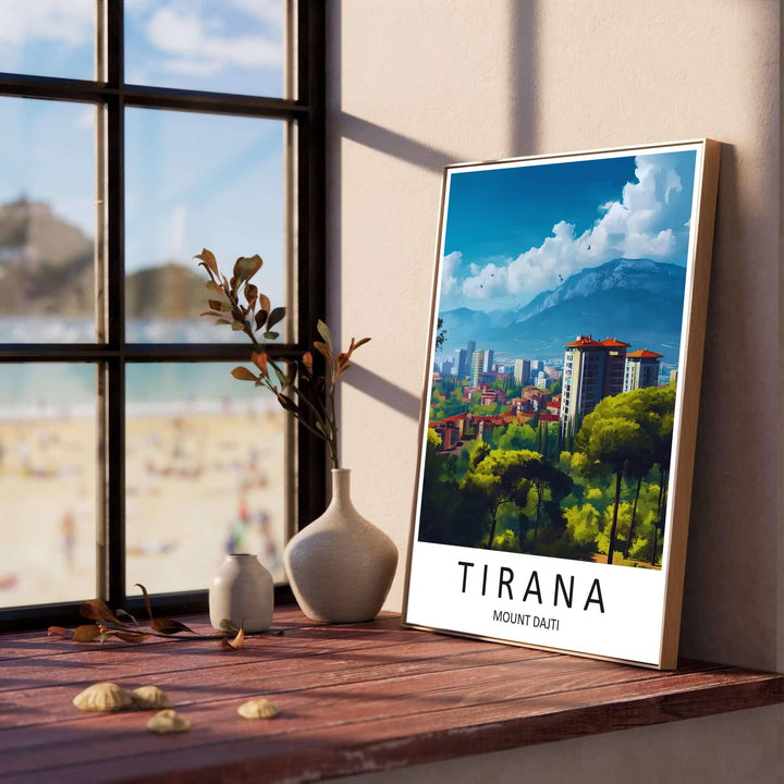 Vibrant parkland greenery and modern residential towers line the foreground of Tirana, creating a classic European retro poster for living rooms. Offered in versatile formats including unframed art paper, custom wood framing, and stretched canvas wraps to elevate your space.