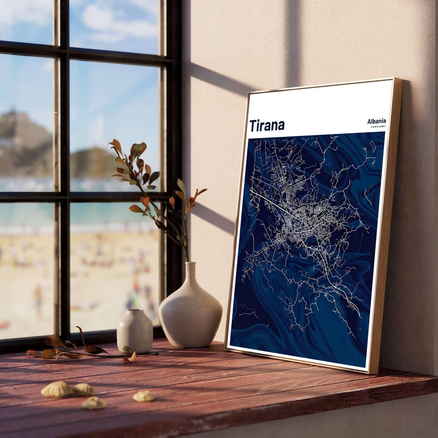 Intricate road lines and arterial highway paths form an artistic abstract map of Tirana, Albania, perfect for modern offices or living rooms. Offered in versatile formats, including unframed art paper, custom wood framing, and stretched canvas wraps to elevate your space.