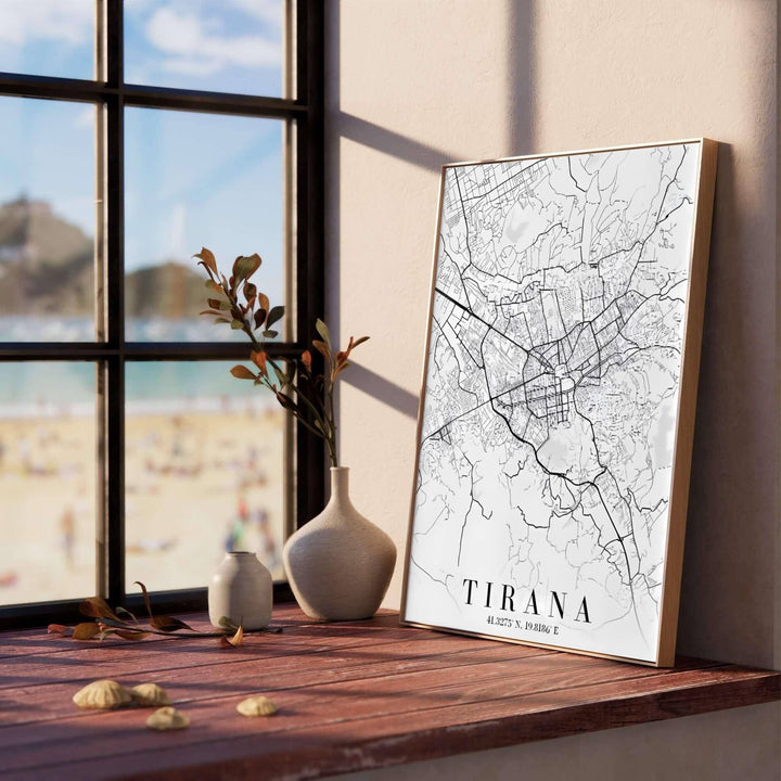 Intricate road lines and arterial highway paths form an artistic abstract map of Tirana, Albania, perfect for modern offices or living rooms. Offered in versatile formats, including unframed art paper, custom wood framing, and stretched canvas wraps to elevate your space.