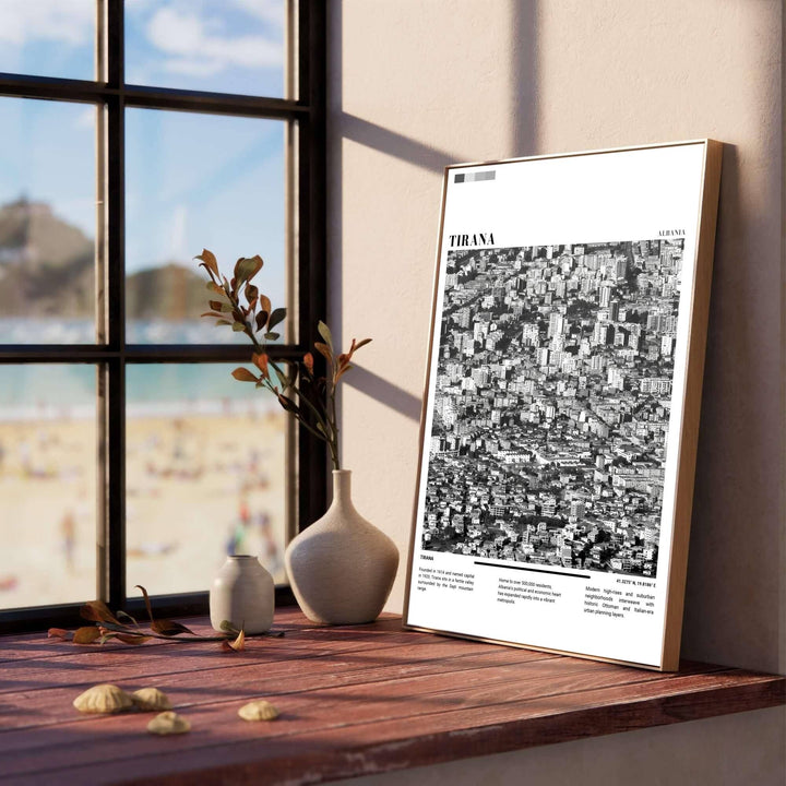 High-contrast Black &amp; White photo tones highlight the architectural evolution of Tirana, creating a classic European urban travel poster for modern living rooms. Offered in versatile formats including unframed art paper, custom wood framing, and stretched canvas wraps to elevate your space.