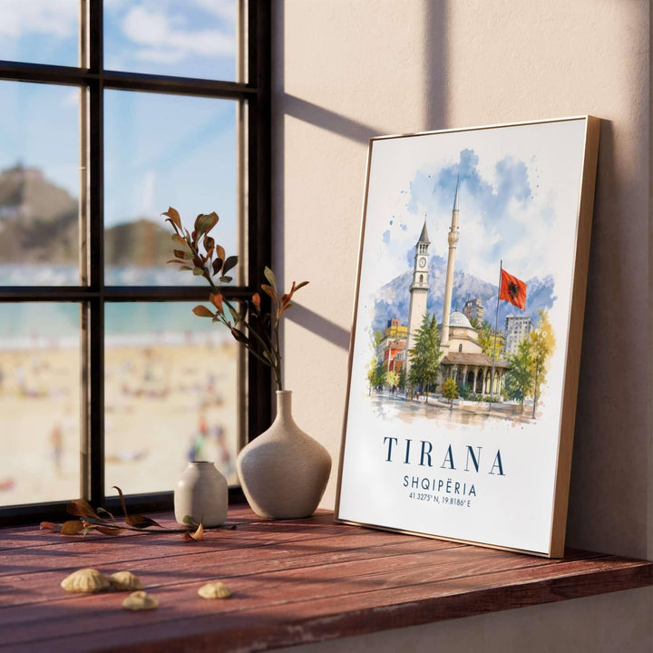 Showcasing the cultural heart of Tirana Albania through delicate watercolor art with geographic coordinates 41.3275° N, 19.8186° E, this travel print brings historic Balkan heritage home. Available through MapYourDreams with display choices like unframed paper stock, custom frames, and stretched canvas options.