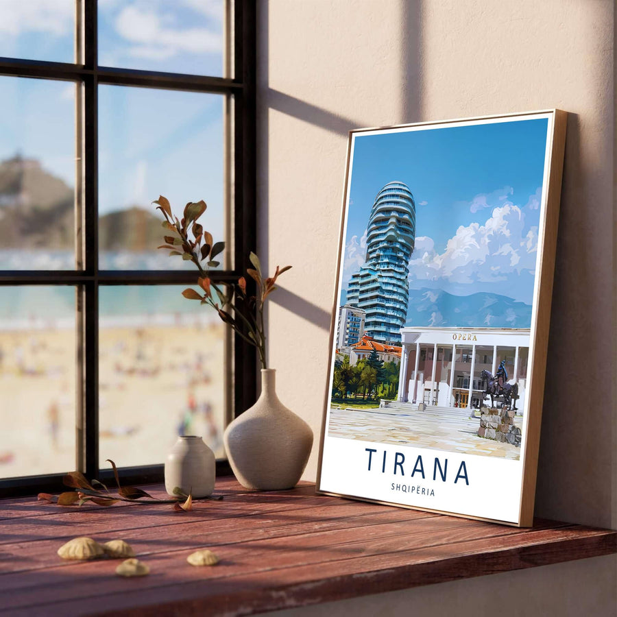 Vibrant plaza stones and futuristic glass tower facades line the foreground of Tirana, creating a classic European modern poster for living rooms. Offered in versatile formats including unframed art paper, custom wood framing, and stretched canvas wraps to elevate your space.