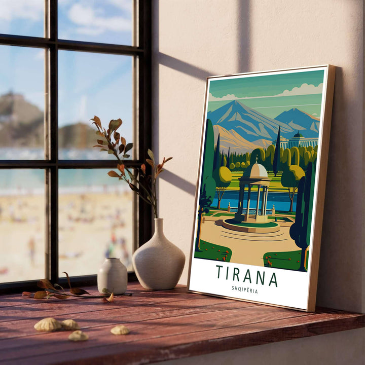 Lush green lawns and tranquil blue water reflections line the foreground of Tirana&