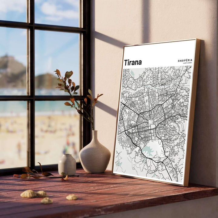 Intricate road lines and arterial highway paths form an artistic abstract map of Tirana, Albania, perfect for modern offices or living rooms. Offered in versatile formats, including unframed art paper, custom wood framing, and stretched canvas wraps to elevate your space.