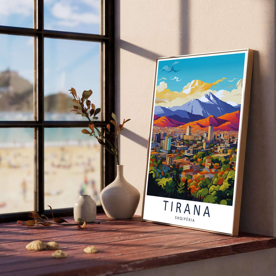 Vibrant parkland greenery and modern residential towers line the foreground of Tirana, creating a classic European retro poster for living rooms. Offered in versatile formats including unframed art paper, custom wood framing, and stretched canvas wraps to elevate your space.