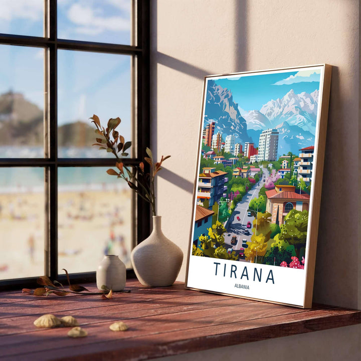 Vibrant spring greenery and traditional red terracotta roofs line the foreground of Tirana, creating a classic European retro poster for modern living rooms. Offered in versatile formats including unframed art paper, custom wood framing, and stretched canvas wraps to elevate your space.