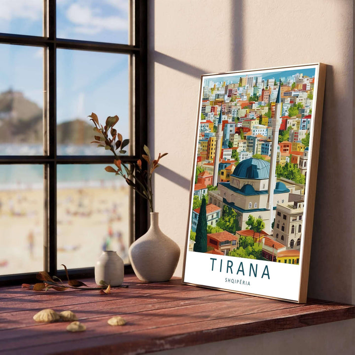 Vibrant residential buildings and traditional terracotta roofs line the foreground of Tirana, creating a classic European vector poster for modern living rooms. Offered in versatile formats including unframed art paper, custom wood framing, and stretched canvas wraps to elevate your space.