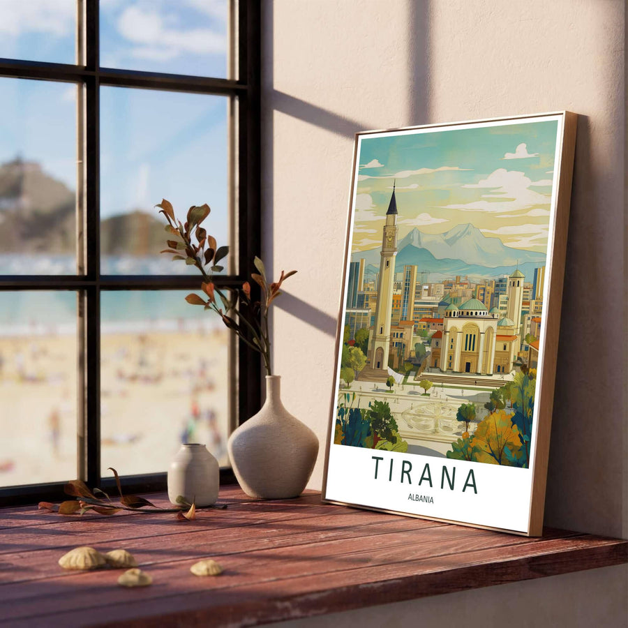 Vibrant public squares and traditional stone architecture line the foreground of Tirana, creating a classic European retro poster for modern living rooms. Offered in versatile formats including unframed art paper, custom wood framing, and stretched canvas wraps to elevate your space.