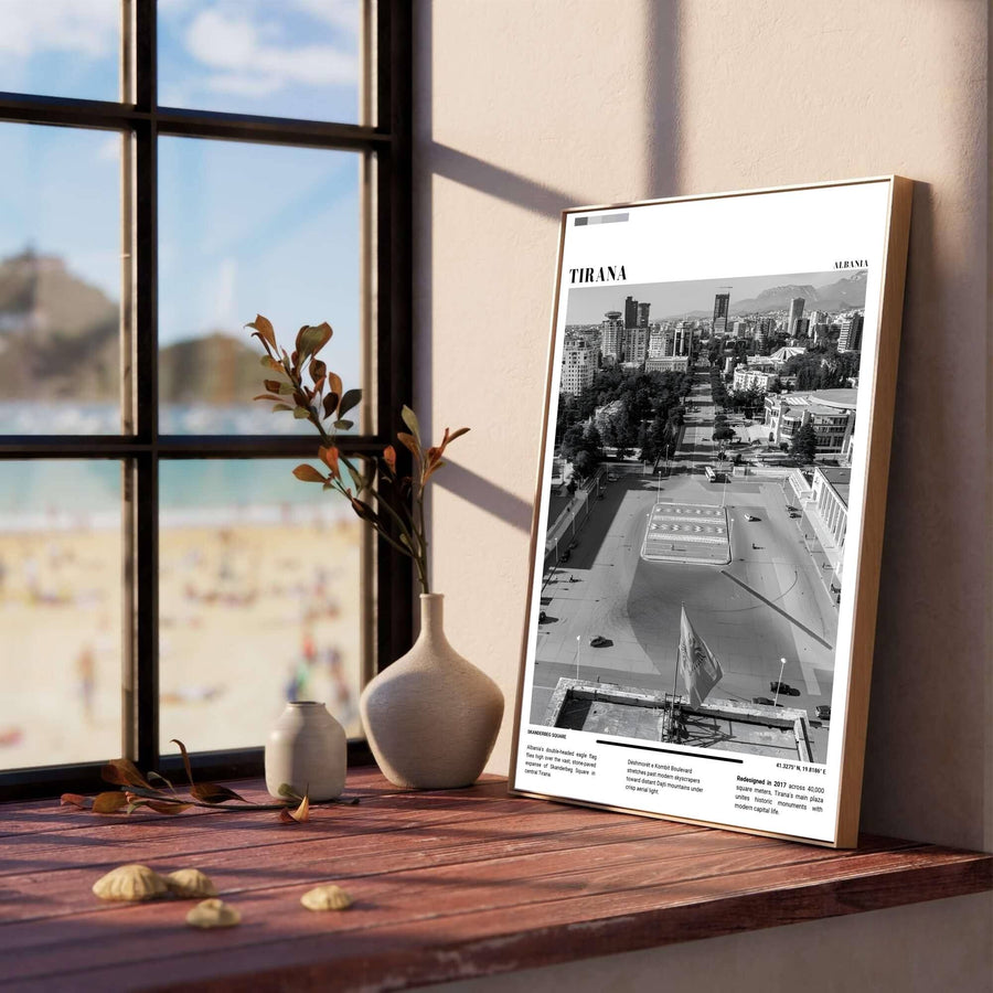 High-contrast Black &amp; White photo tones highlight the monumental scale of Skanderbeg Square, creating a classic European urban travel poster for modern living rooms. Offered in versatile formats including unframed art paper, custom wood framing, and stretched canvas wraps to elevate your space.