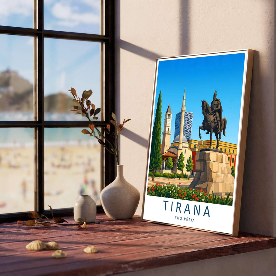Vibrant red floral beds and traditional stone architecture line the foreground of Tirana, creating a classic European vector poster for modern living rooms. Offered in versatile formats including unframed art paper, custom wood framing, and stretched canvas wraps to elevate your space.