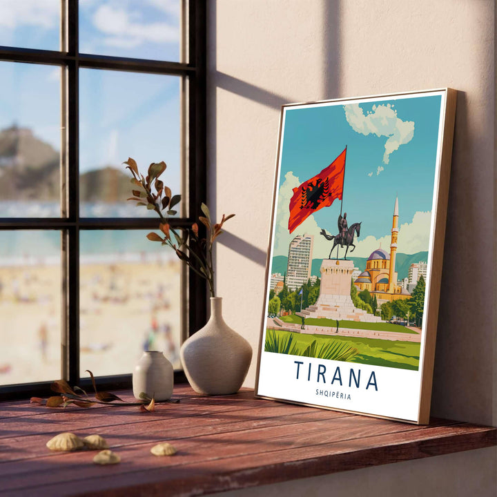 Vibrant crimson red flags and traditional stone architecture line the foreground of Tirana, creating a classic European vector poster for modern living rooms. Offered in versatile formats including unframed art paper, custom wood framing, and stretched canvas wraps to elevate your space.