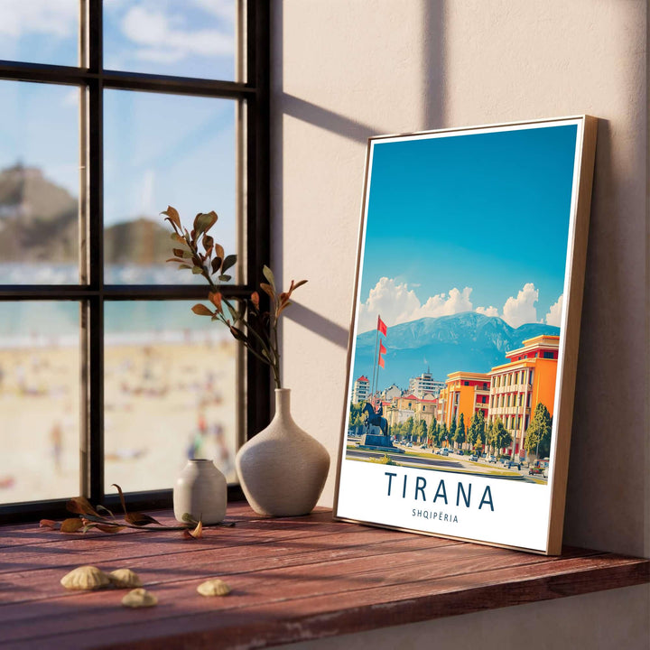 Vibrant architectural buildings and traditional terracotta roofs line the foreground of Tirana, creating a classic European vector poster for modern living rooms. Offered in versatile formats including unframed art paper, custom wood framing, and stretched canvas wraps to elevate your space.