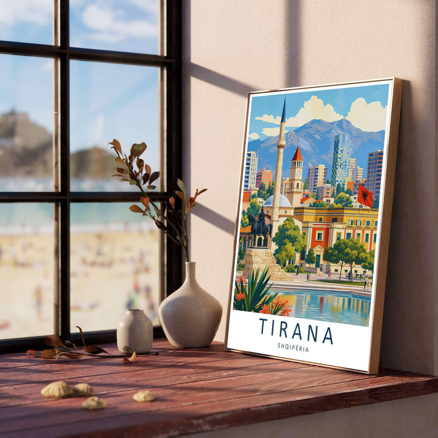 Vibrant terracotta buildings and historic public monuments line the foreground of Tirana, creating a classic European retro poster for modern living rooms. Offered in versatile formats including unframed art paper, custom wood framing, and stretched canvas wraps to elevate your space.