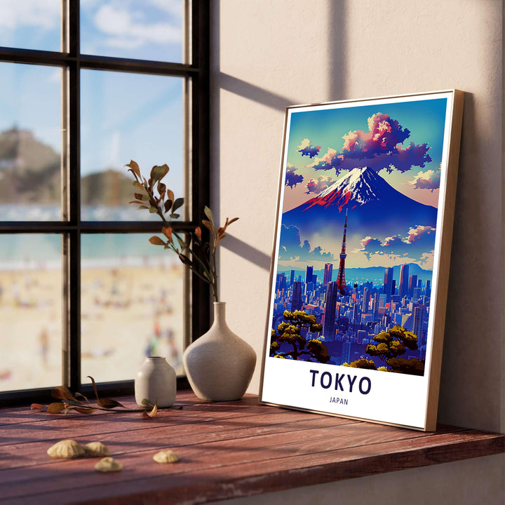 Detailed city print of Tokyo Japan featuring Mount Fuji, Tokyo Tower, and traditional pine tree silhouettes. Offered by MapYourDreams, this artwork is available in flexible options including unframed paper, custom wooden frames, and gallery canvas wraps for modern spaces.