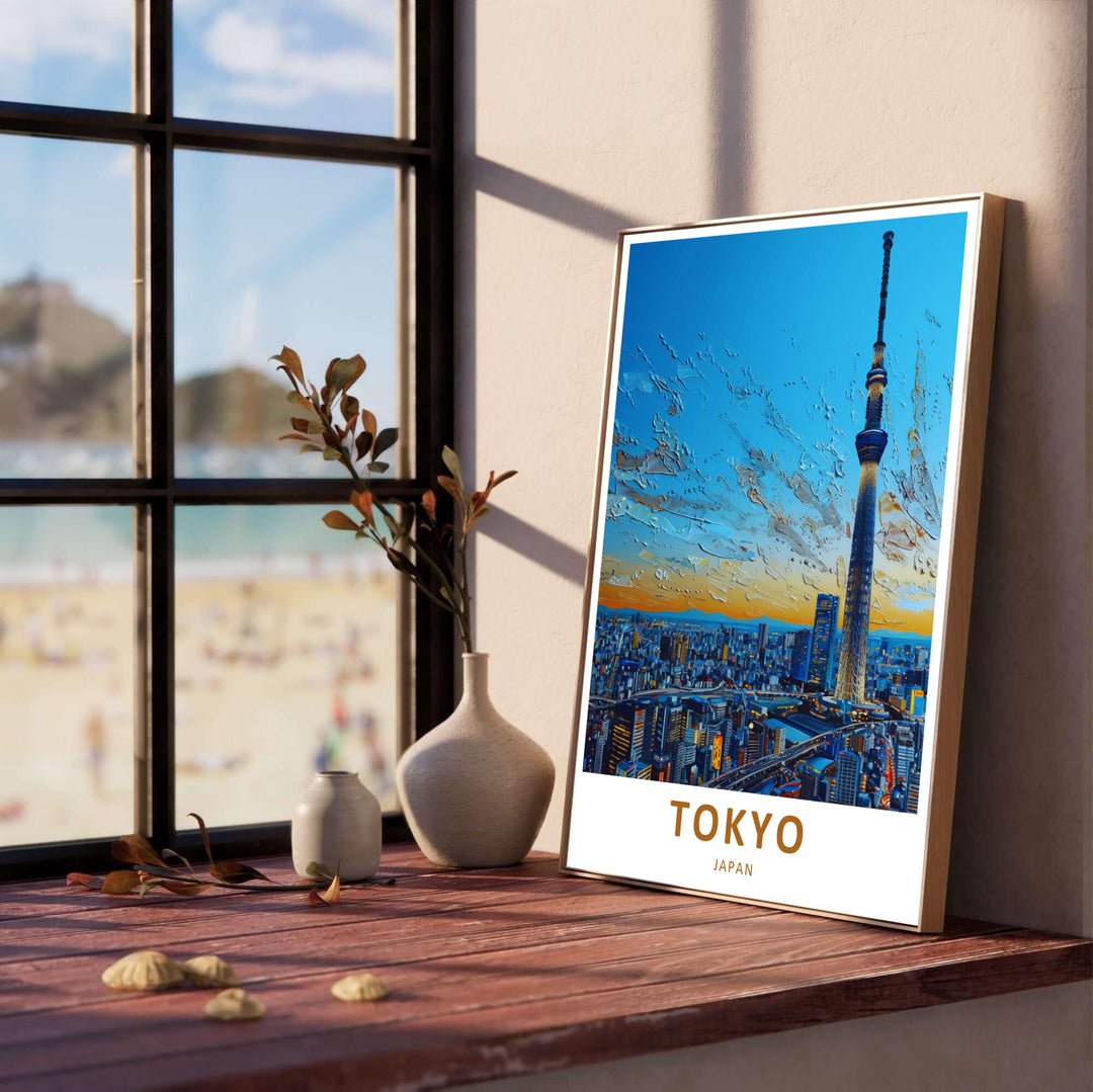 Detailed city print of Tokyo Japan showing urban skyline buildings and dramatic palette knife sky textures. Offered by MapYourDreams, this artwork is available in flexible options including unframed paper, custom wooden frames, and gallery canvas wraps for modern spaces.
