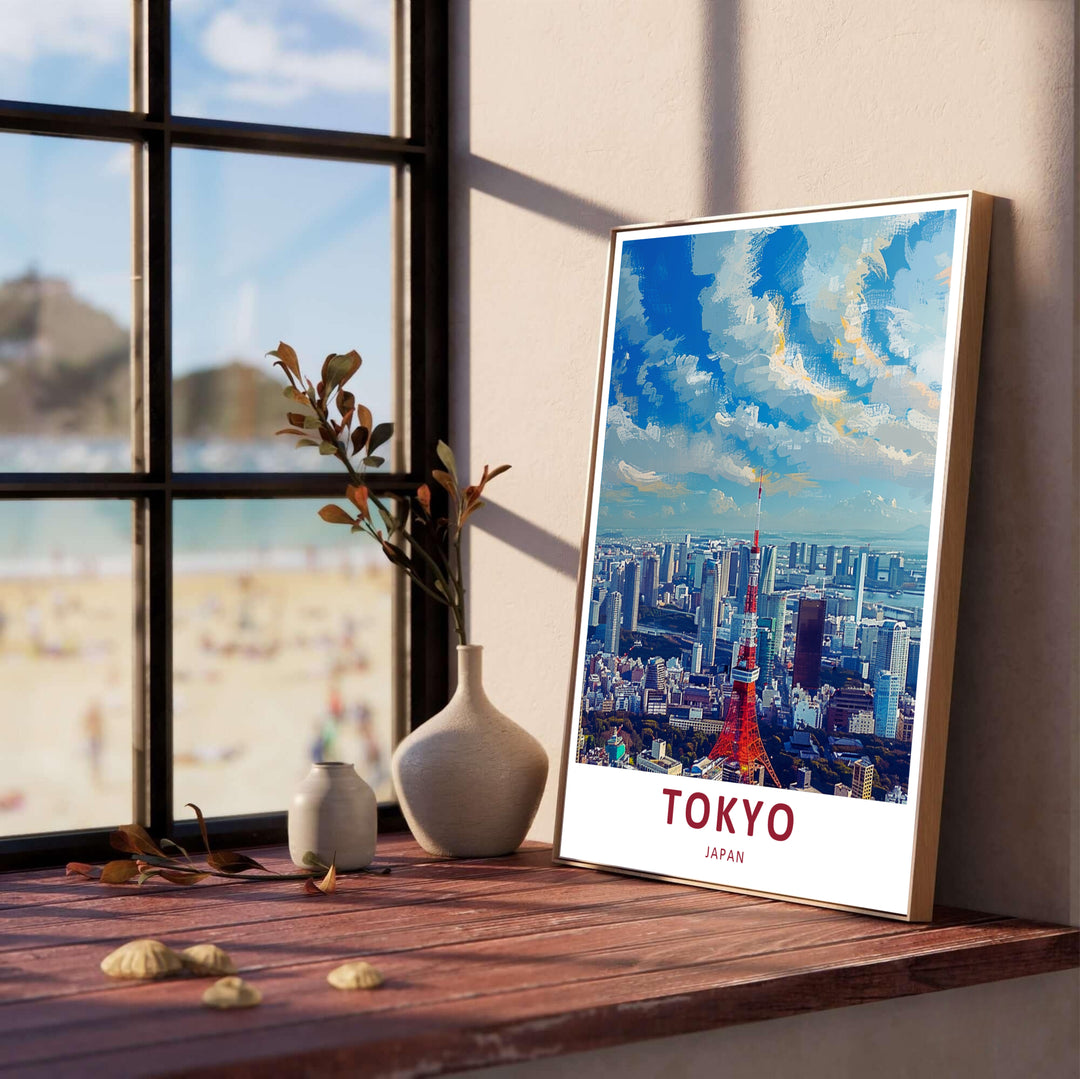 Scenic travel illustration of Tokyo Tower in Japan with rich crimson, cerulean blue, and soft cloud highlights. Offered by MapYourDreams, this artwork is available in flexible options including unframed paper, custom wooden frames, and gallery canvas wraps.