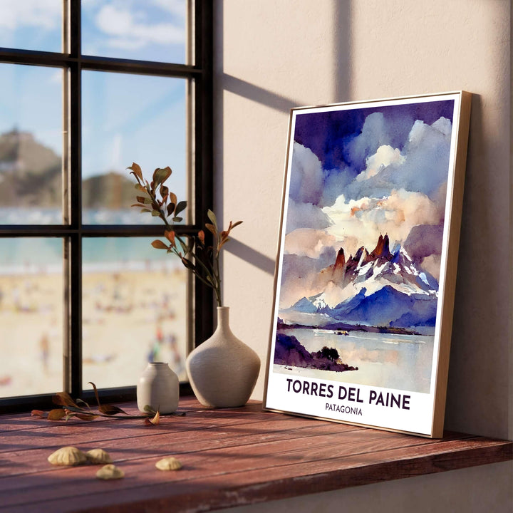 Capturing golden light breaking through storm clouds onto snowy granite spires, this Torres del Paine print brings tranquil nature wonder directly into your home, presented by MapYourDreams with selection flexibility across unframed paper, hand-crafted frames, and canvas wraps.
