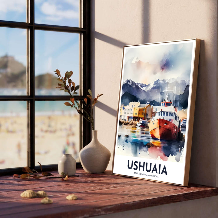 Set against a soft polar sky with gentle cloud washes, this Ushuaia port wall decor displays the serene nautical beauty of Tierra del Fuego, meticulously crafted by MapYourDreams in fine paper, solid wood framing, and floating canvas choices.