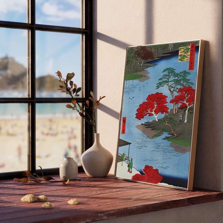 Vibrant red maple woodblock print Akiba Shrine Ukeji by artist Utagawa Hiroshige inspired by 1857 views in Akiba Shrine Ukeji for living room wall decor. Select custom framed, unframed poster, or gallery canvas choices at MapYourDreams.