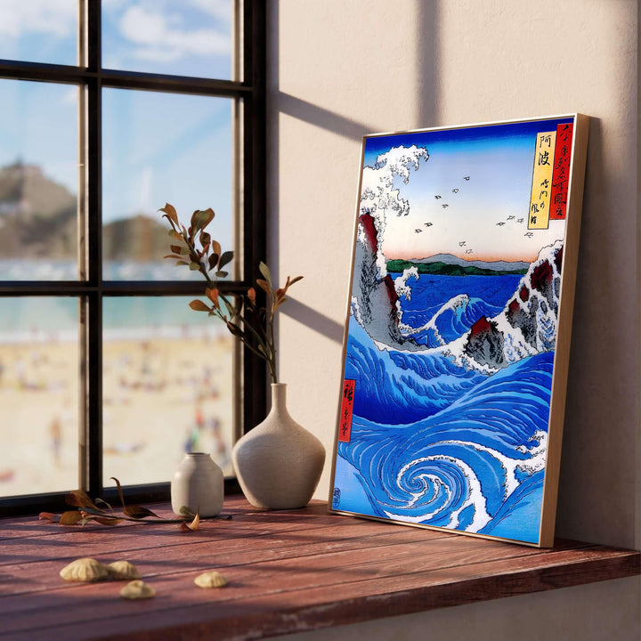 Vibrant blue sea woodblock print Naruto Whirlpool Awa Province by artist Utagawa Hiroshige inspired by 1853 coastal views in Naruto Whirlpool Awa Province for living room wall decor. Select custom framed, unframed poster, or gallery canvas choices at MapYourDreams.