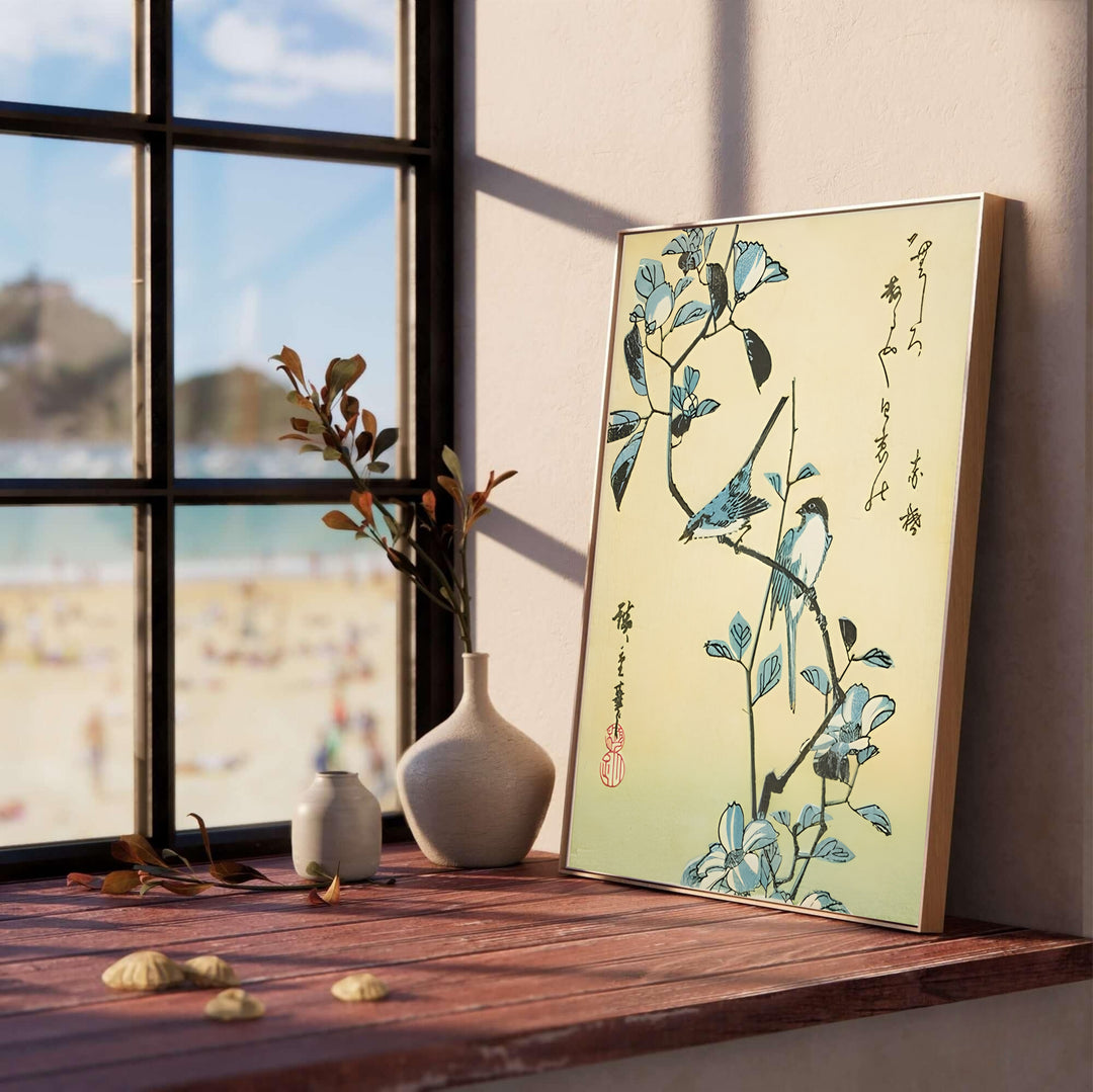 Muted green botanical woodblock print Birds Flowering Branch by artist Utagawa Hiroshige inspired by 1832 studies in Edo Botanical Garden for living room wall decor. Select custom framed, unframed poster, or gallery canvas choices at MapYourDreams.