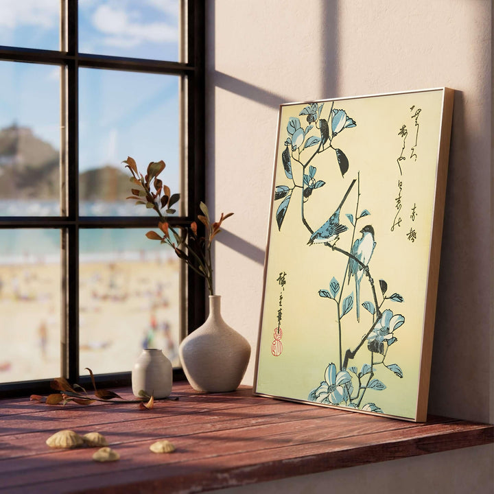Muted green botanical woodblock print Birds Flowering Branch by artist Utagawa Hiroshige inspired by 1832 studies in Edo Botanical Garden for living room wall decor. Select custom framed, unframed poster, or gallery canvas choices at MapYourDreams.