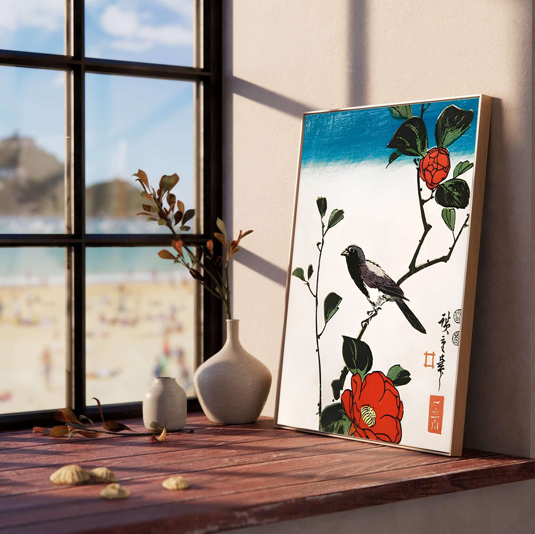 Detailed Kacho-ga bird print Java Sparrow Camellia by artist Utagawa Hiroshige showcasing Java sparrow and crimson petals in Kyoto Camellia Garden. MapYourDreams offers fine art framed, unframed, and canvas print options.