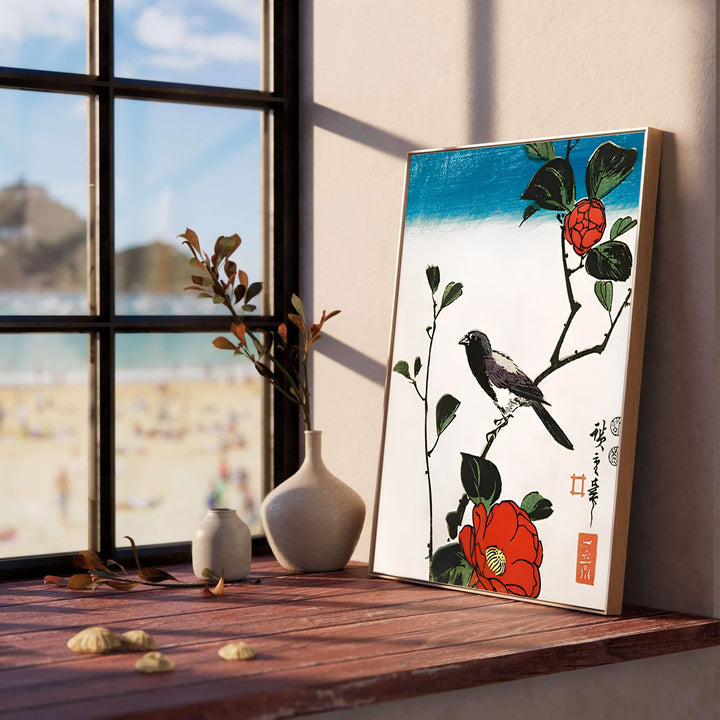 Detailed Kacho-ga bird print Java Sparrow Camellia by artist Utagawa Hiroshige showcasing Java sparrow and crimson petals in Kyoto Camellia Garden. MapYourDreams offers fine art framed, unframed, and canvas print options.