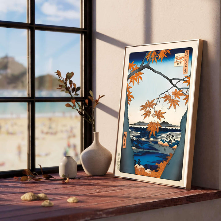 Vibrant Japanese fall landscape print Maple Trees at Mama by artist Utagawa Hiroshige from 1857 Edo views at Maple Trees at Mama and Tekona Shrine for cozy home decor. Select framed, unframed poster, or gallery canvas choices at MapYourDreams.