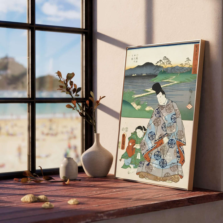 Refined Japanese history print Chiryu Yatsuhashi by artist Utagawa Kunisada and Utagawa Hiroshige from 1854 Tokaido series at Chiryu Post Station and Yatsuhashi Bridge for living room wall decor. Select framed, unframed poster, or gallery canvas choices at MapYourDreams.