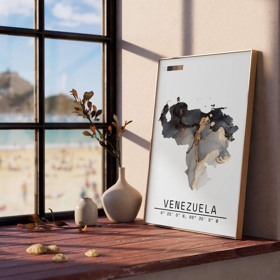 Modern geographic fluid art print illustrating the map silhouette of Venezuela with rich charcoal and gold marbling on off-white paper. Produced by MapYourDreams, you can order this design on fine art paper, mounted in protective frames, or as a canvas display.