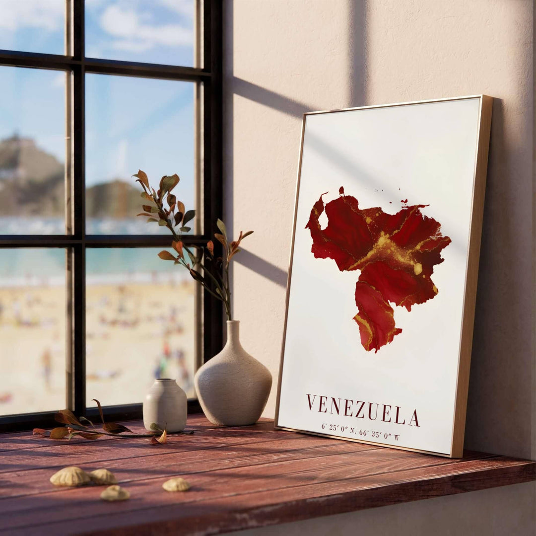Elegant South American country map poster depicting ruby red ink swirls, gold foil style veins, and national coordinates in a minimalist format. Created by MapYourDreams, this artwork is adaptable for any interior in unframed prints, solid wooden frames, or gallery canvas wraps.