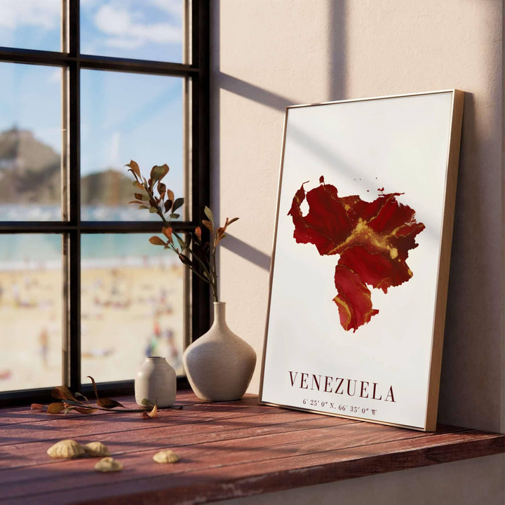 Elegant South American country map poster depicting ruby red ink swirls, gold foil style veins, and national coordinates in a minimalist format. Created by MapYourDreams, this artwork is adaptable for any interior in unframed prints, solid wooden frames, or gallery canvas wraps.