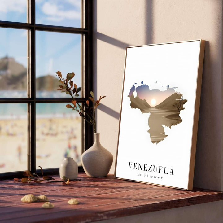 Elegant South American country silhouette poster depicting golden sunset rays, sand ripples, and precise national coordinates. Created by MapYourDreams, this artwork is adaptable for any interior in unframed prints, solid wooden frames, or gallery canvas wraps.