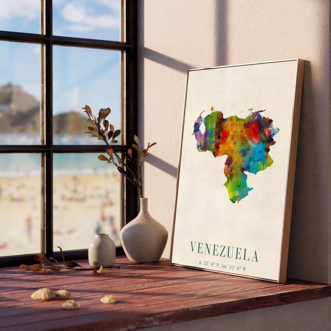 Modern geographic art print illustrating the map silhouette of Venezuela created with action-painted watercolor textures. Produced by MapYourDreams, you can order this design on fine art paper, mounted in protective frames, or as a canvas display.