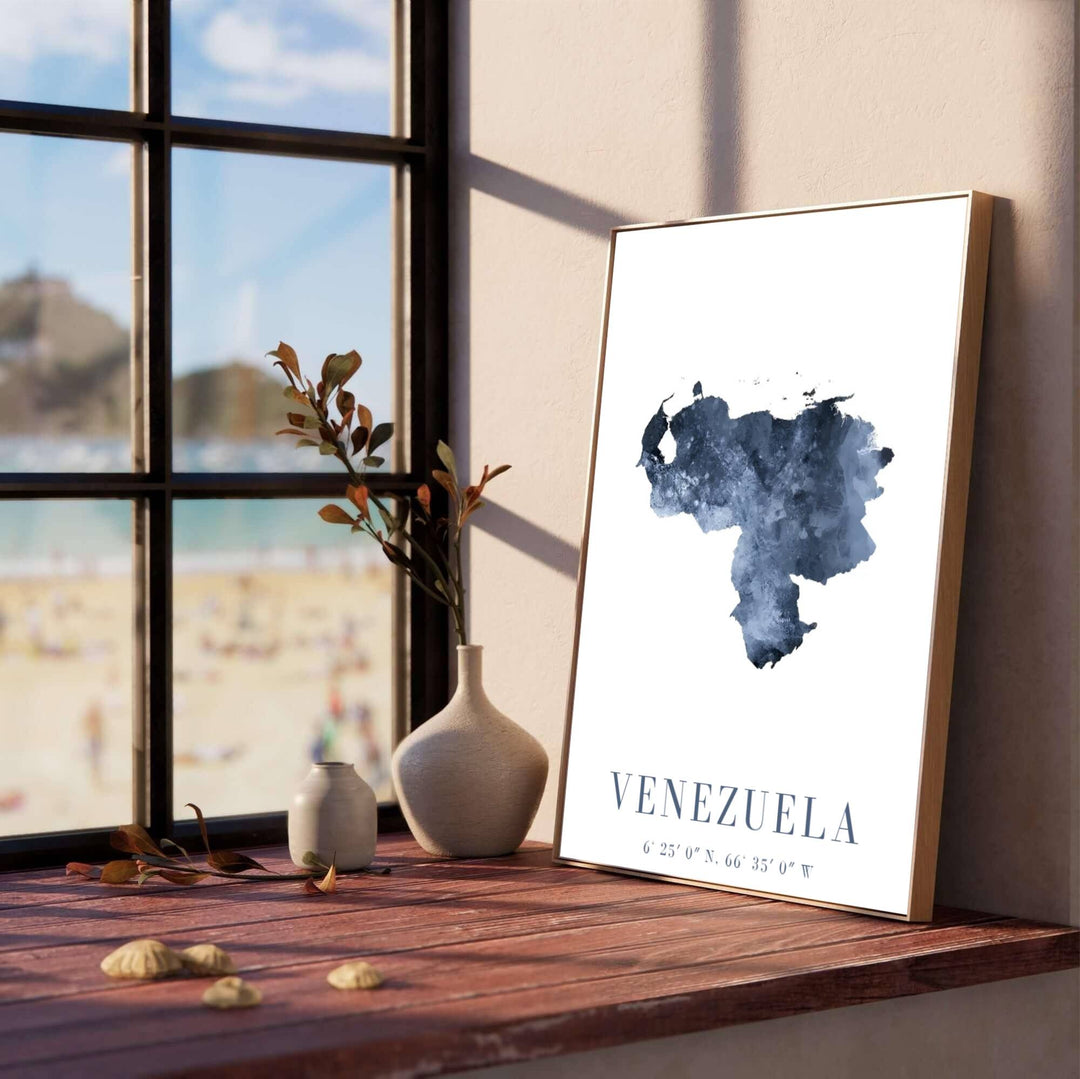 Timeless indigo blue cartography travel poster of Venezuela showcasing organic slate grey watercolor mottling and serif text. Presented by MapYourDreams, this piece comes in flexible choices such as unframed paper stock, custom frames, and gallery canvas wraps.