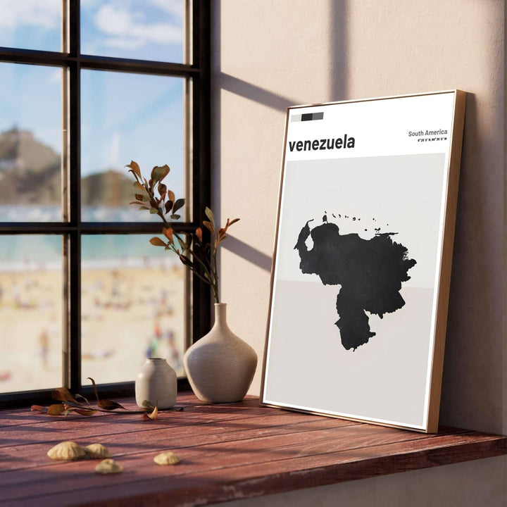 High-contrast geographic map print illustrating the country outline of Venezuela on a split-level taupe and cream background. Produced by MapYourDreams, you can order this design on fine art paper, mounted in protective frames, or as a canvas display.