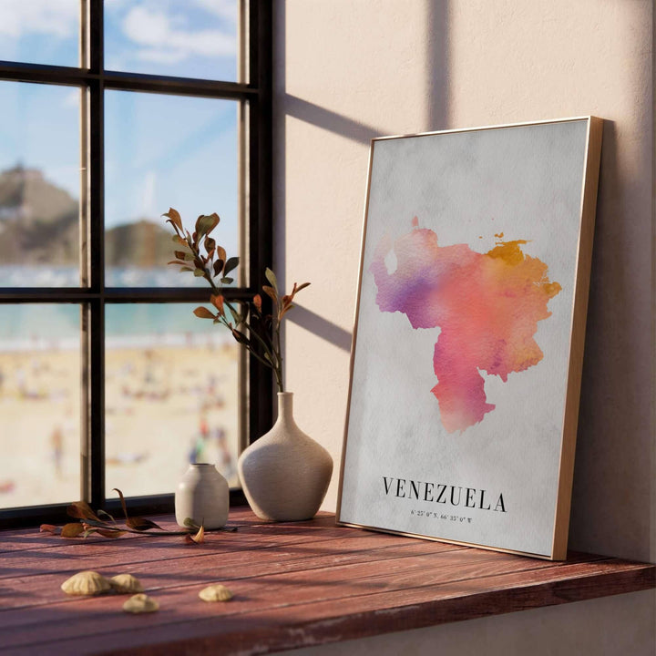 Elegant South American country silhouette poster depicting dusty rose washes, lavender gradients, and official national coordinates. Created by MapYourDreams, this artwork is adaptable for any interior in unframed prints, solid wooden frames, or gallery canvas wraps.