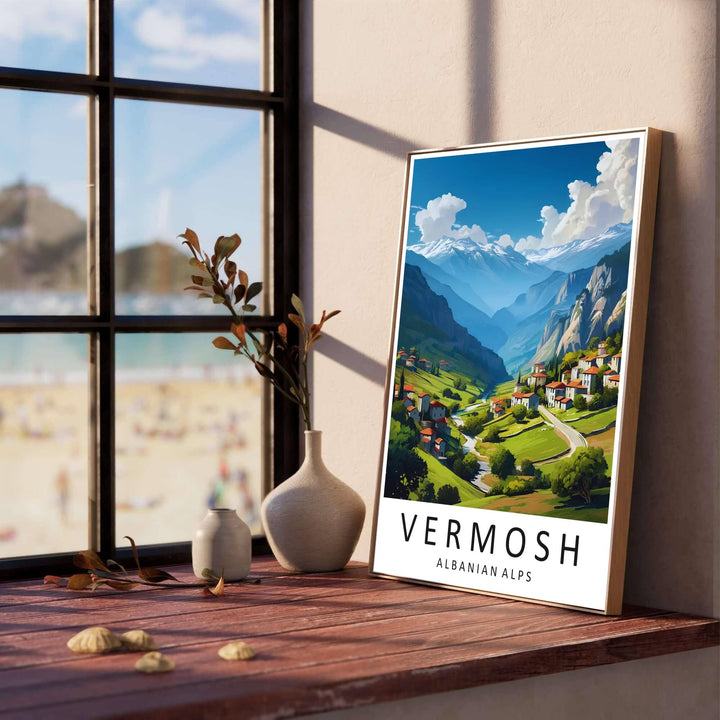 Vibrant terracotta roofs and lush emerald-green pastures line the foreground of the Kelmend valley, creating a classic European nature poster for modern living rooms. Offered in versatile formats including unframed art paper, custom wood framing, and stretched canvas wraps to elevate your space.