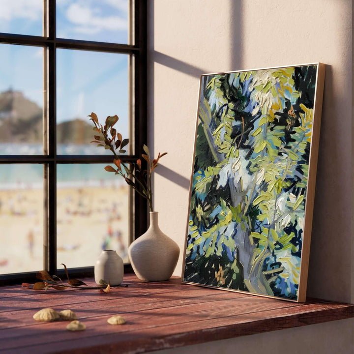 Classical floral art print of Vincent van Gogh Blossoming Acacia Branches 1890 capturing sunlit acacia leaves in Auvers-sur-Oise France. Select custom framed wall art, unframed paper poster prints, or gallery canvas formats at MapYourDreams to create a refined gallery wall feature.