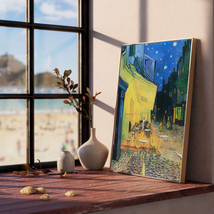 Post-impressionist night scene wall decor print of Vincent van Gogh Cafe Terrace at Night 1888 painted along Place du Forum in Arles France. MapYourDreams provides elegant framed prints, unframed options, and stretched canvas art prints that bring French street charm into modern home interiors.