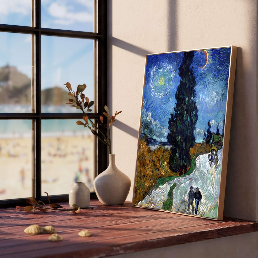 Impressionist celestial poster print of Vincent van Gogh Country Road in Provence by Night 1890 displaying swirling indigo skies in Saint-Rémy-de-Provence France. MapYourDreams features high-quality framed wall decor, unframed prints, and stretched canvas options for classic bedroom settings.