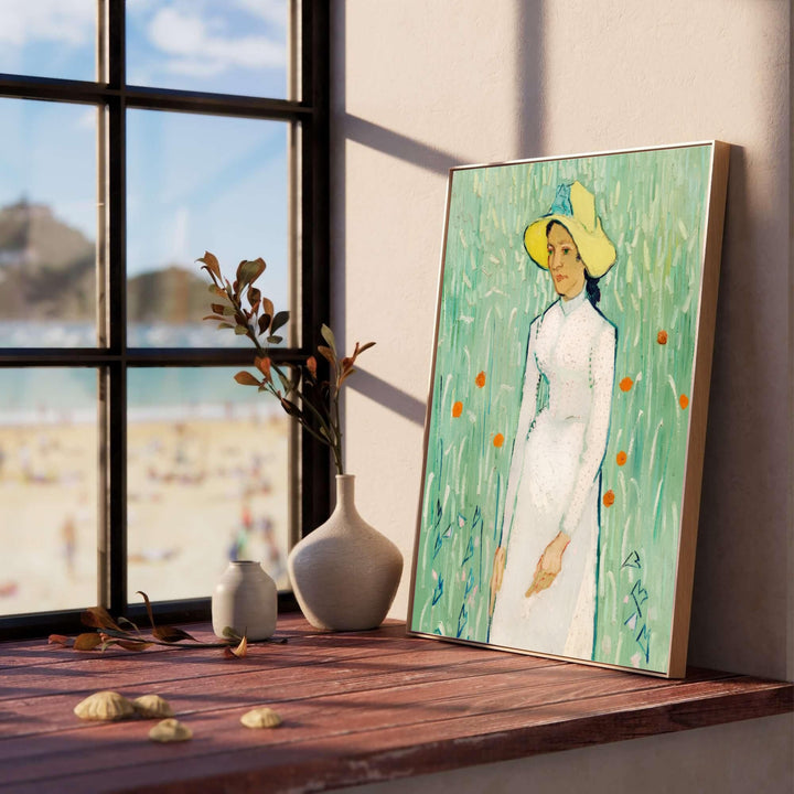 Fine art wall decor print of Vincent van Gogh Girl in White 1890 displaying soft pastel tones and vertical strokes in Auvers-sur-Oise France. MapYourDreams supplies custom framed paper prints, unframed posters, and gallery stretched canvas art suitable for classic art collection displays.