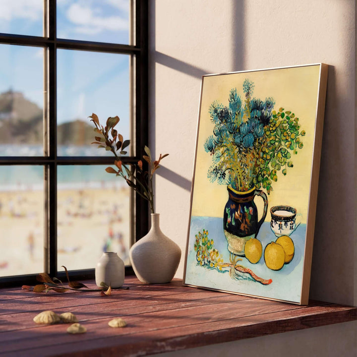 Impressionist still life poster print of Vincent van Gogh Majolica Jar Wildflowers 1888 showcasing yellow and blue contrast in Arles France. MapYourDreams features high-quality framed wall decor, unframed prints, and stretched canvas options ideal for kitchen nook wall decoration.
